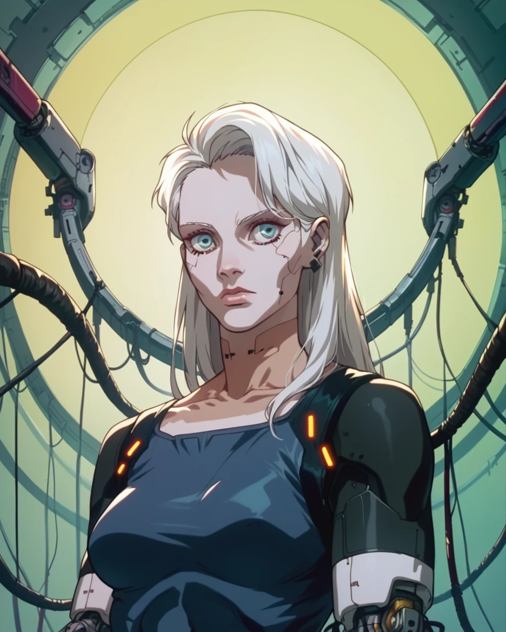 score_9, score_8_up, score_7_up, zPDXL,retro artstyle, cyberpunk, cyborg, 1girl, robot, wires, white hair <lora:Ghost_In_The_Shell_style:1>