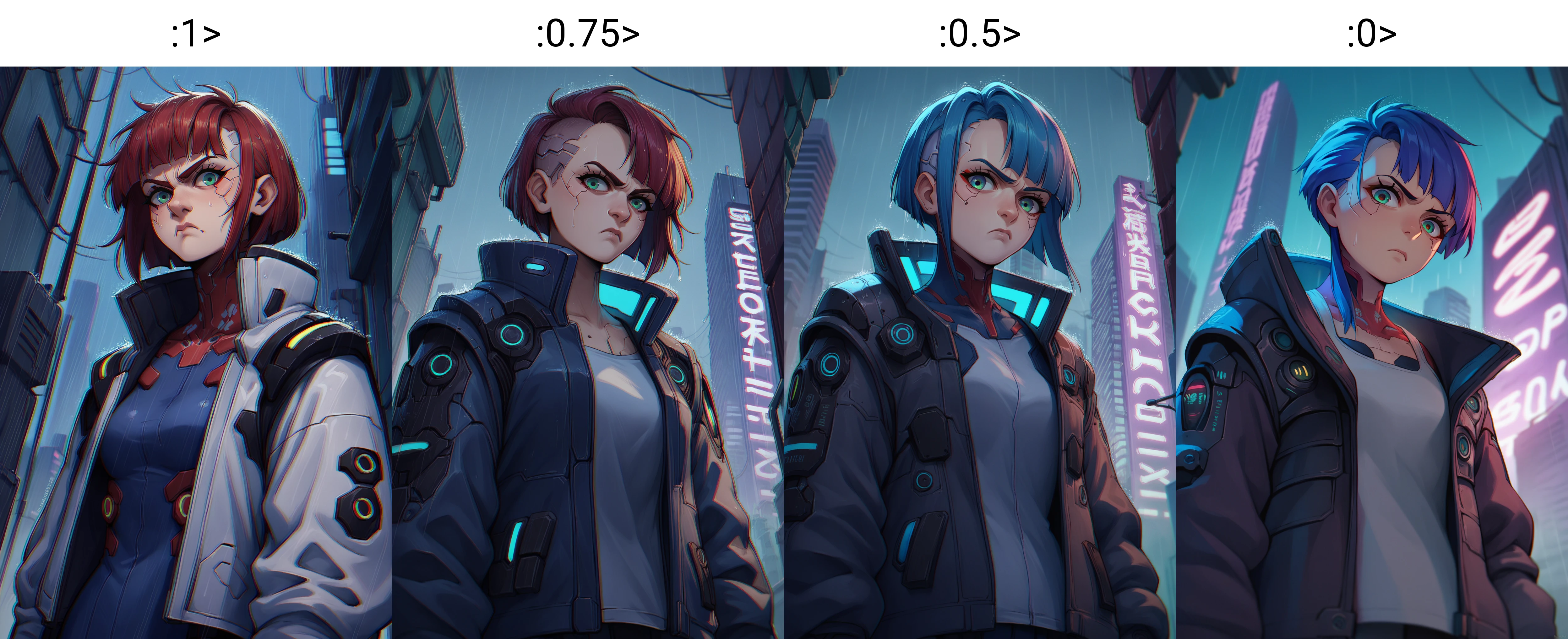 score_9,score_8_up,score_7_up,source_anime, chromatic aberration ,1girl, upper body, looking down, from below, frown, rain, cyberpunk, skyscraper, science fiction, futuristic, alley, open jacket, futuristic armor, neon lights, looking at viewer,
<lora:potat_chromatic_aberration_PDXL_v3:1>