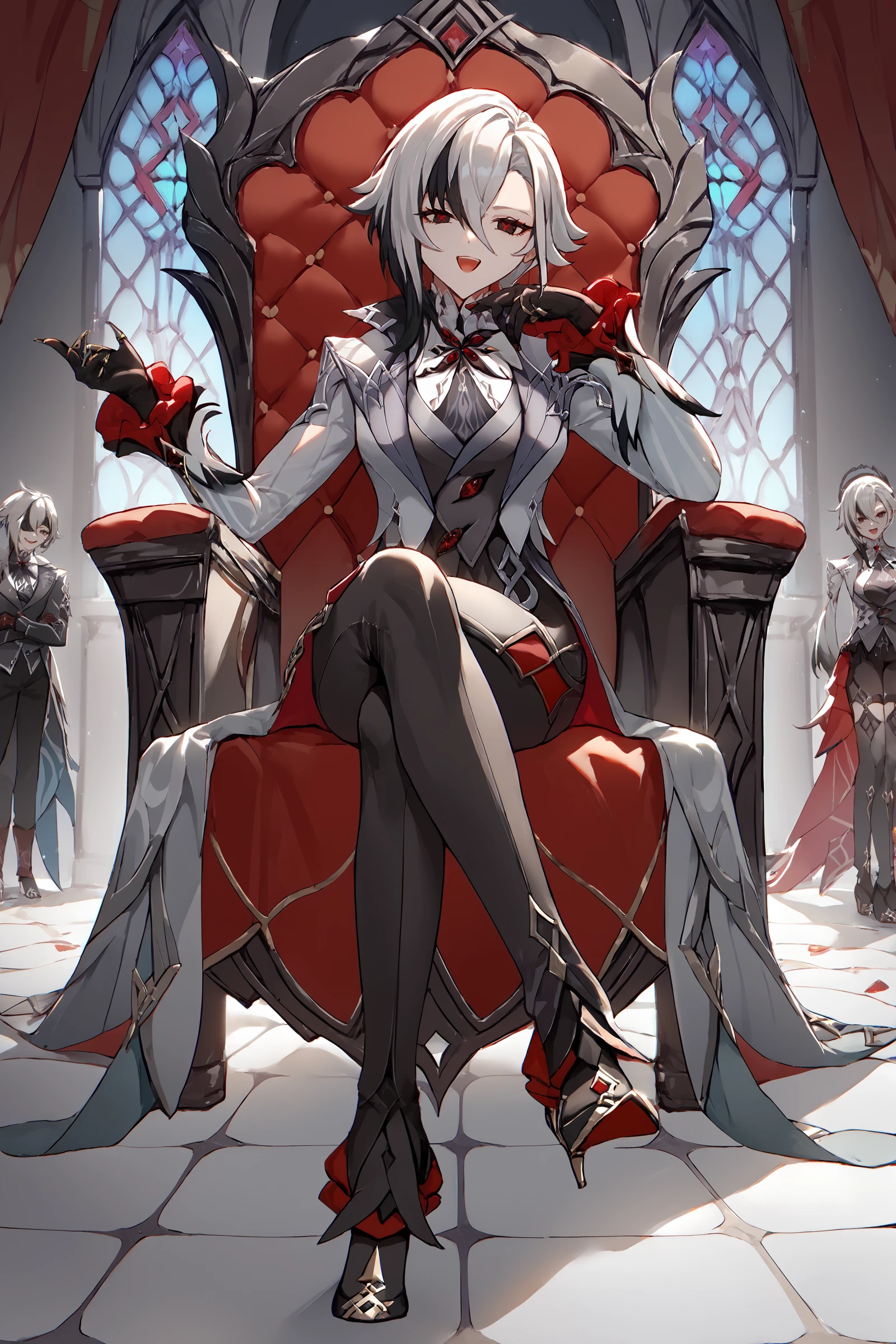 score_9, score_8_up, score_7_up, source_anime , 1girl, arlecchino \(genshin impact\), black gloves, grey tailcoat, black pants, grey vest, grey shirt, high heels, looking at viewer, sitting, smug, open mouth, ojou-sama pose, crossed legs, throne, indoors <lora:style-pottsness:0.7> <lora:Char-Genshin-Arlecchino-Pony-V1:0.9>