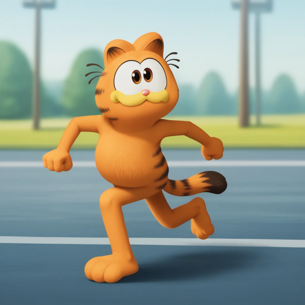 score_7_up, BREAK, no humans, Garfield, solo, brown eyes, orange fur, cat ears, <lora:Garfield_XL_Leaf1v2:1>, running, blurry background,