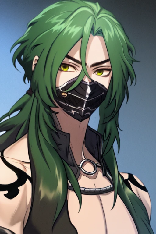 (masterpiece),(best_quality),muscular,1boy,Kongouyasha,bare pectorals,body tattoo,mouth mask,green hair,<lora:Kongouyasha:1>,