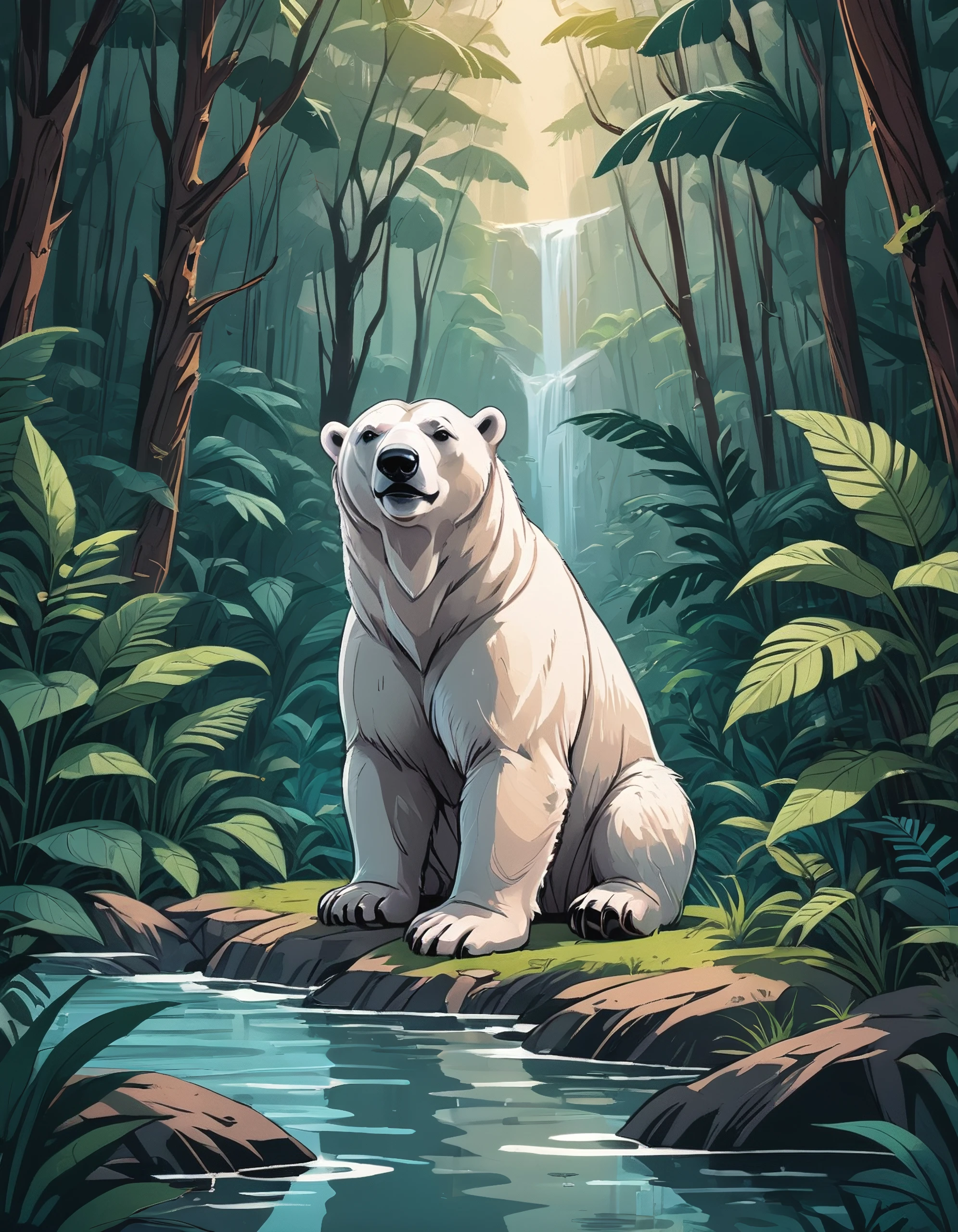 dreamy scene of a polar bear in the jungle, digital art, cartoon style