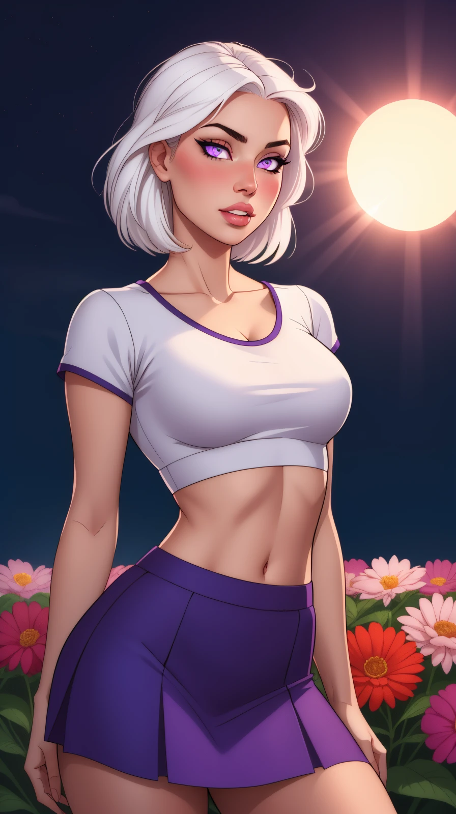 realistic, 1girl, white hair, purple eyes, glowing eyes, crop top, skirt, parted lips, blush, night, flowers, sun, sunlight,