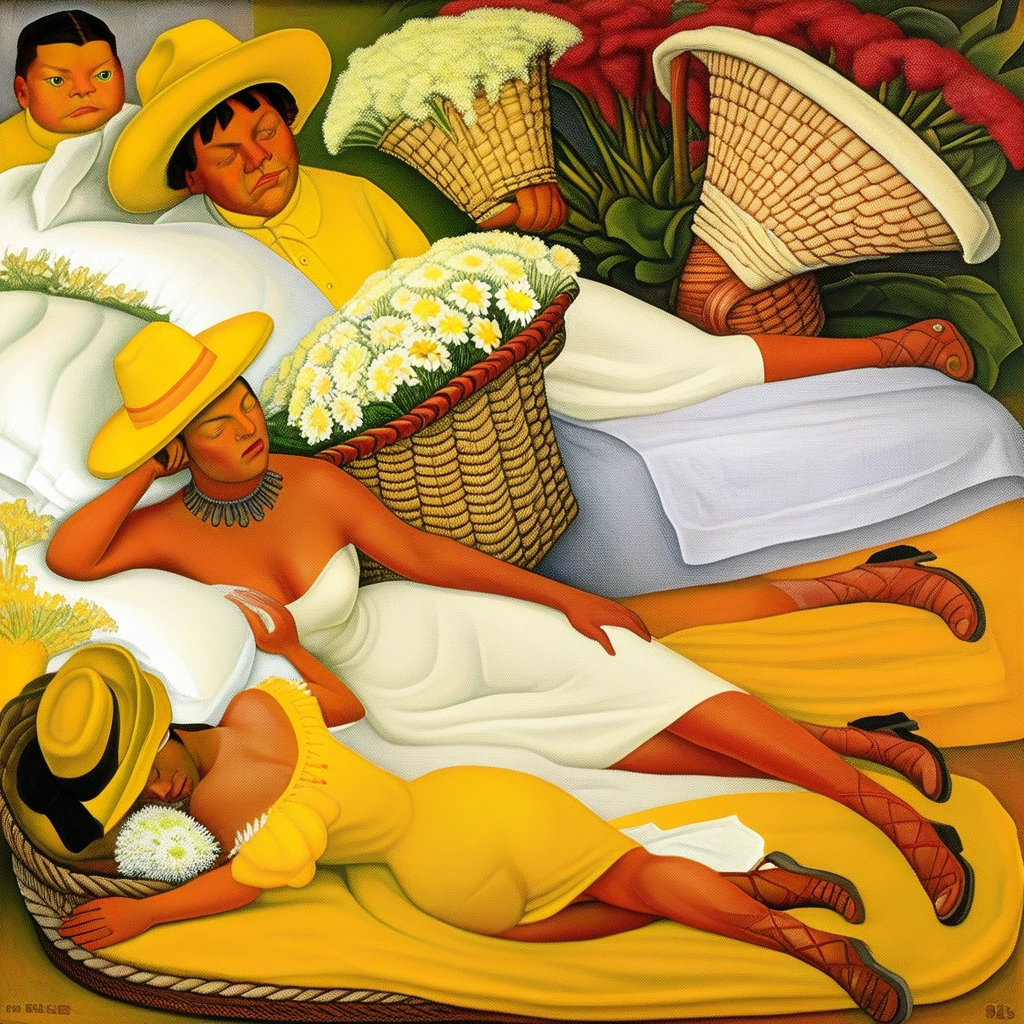 who are actually the same character, is behind him trying to help him hold the basket as he tries to stand up. While the flowers in the basket are strikingly beautiful to the viewer, where he shows us a pair of deformed-looking individuals, Portrait of Mrs. Doña Elena Flores de Carrillo is a painting by Diego Rivera dating from 1953. It now resides in a private collection and is one of the artist's most famous works within this genre.  The lady reclines on a bed, including Allen Dulles, This colorful painting by Diego Rivera shows a peasant dressed in white with a yellow hat, presumably the lady's daughter., the text adds another layer of meaning