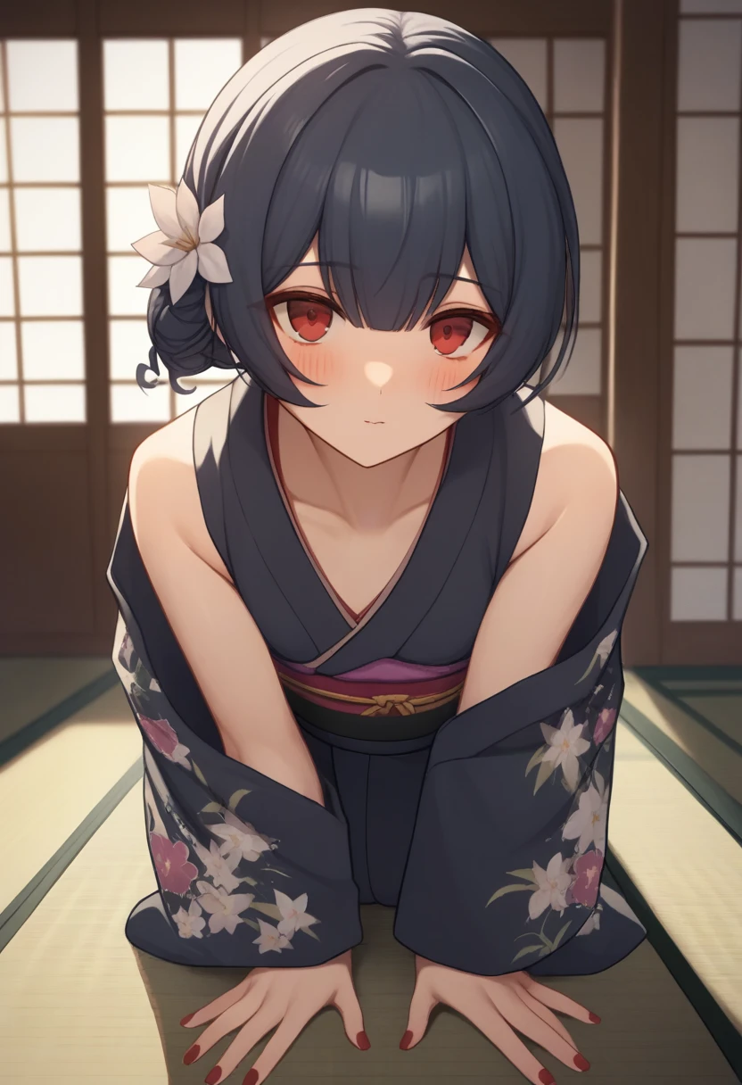 score_9,score_8_up,score_7_up,<lora:morino_rinze_pony:1>,japanese_clothes, all_fours, blush, highres, absurdres, indoors, floral_print, sliding_doors, solo, kimono, black_kimono, :o, bare_shoulders, collarbone, morino_rinze, looking_at_viewer, nail_polish, 1girl