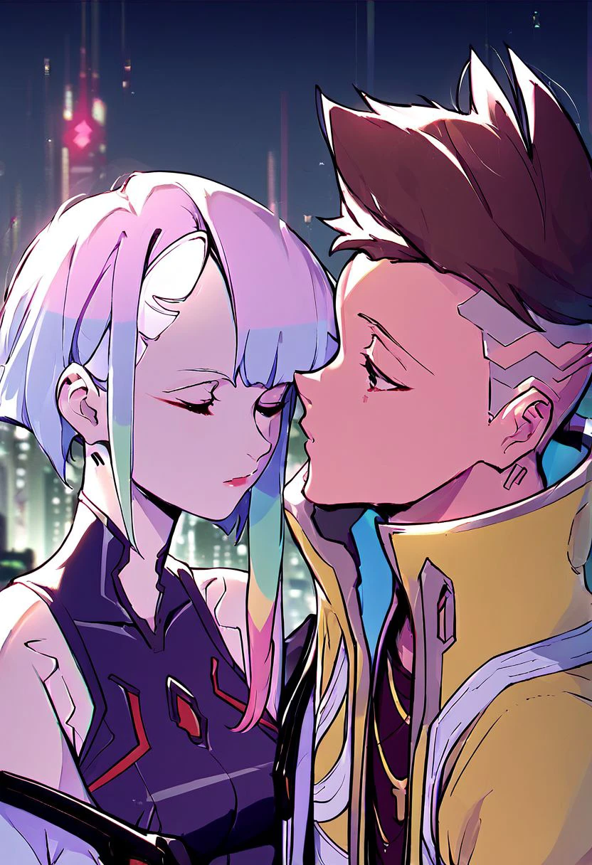 (Xmultipkex,Xmartinezx,Xlucyx:1.0),score_9, score_8_up, score_7_up, source_anime, rating_safe, portrait 1girl and 1boy kisses in futuristic city (x2077x:1.0)