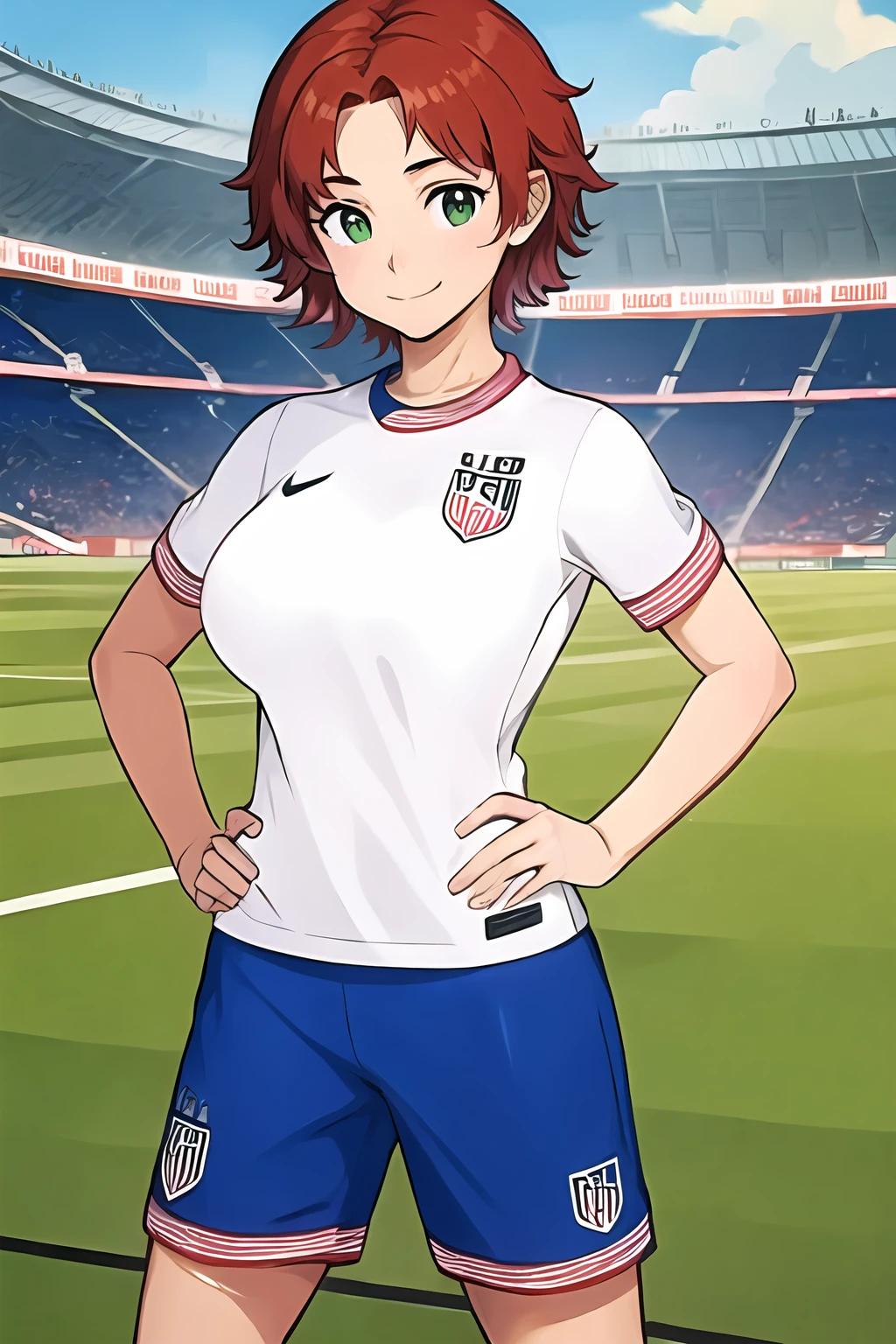 <lora:SC-U54S0C_Shirt_2024:1>, u54s0c, sportswear, soccer uniform, white shirt, shorts, (cowboy shot:1.2), 1girl, red hair, short hair, smile, (stadium:1.2), green field, massive breasts, hands on hip, standing, (best quality), (ultra-detailed), (best illustration)