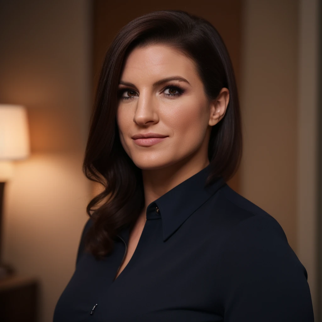 house, peop Best_QualityPos, RAW photo, intricate details, best quality, 8k uhd, soft lighting, 1girl, solo, gina carano, brown eyes, long hair, black hair, black collared shirt <lora:Gina_Carano:0.7>