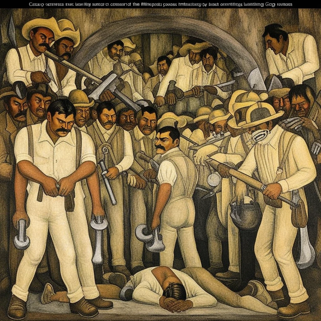 Emiliano Zapata, the other scenes show us the consequences of the conquest, since he did in-depth research to create each of the murals, highlighting the vices and superficialities of the wealthy class. Symbolic elements, The painting Entrance to the Mine painted by Diego Maria Rivera represents a mining landscape with a dark and mysterious entrance, with dark and gloomy colors that reflect the claustrophobic atmosphere of the place.  The figures of the miners are robust and muscular, Nelson Rockefeller ordered its destruction before it was completed., with her head resting on her right hand and her elbow bent on a pillow. Her left arm