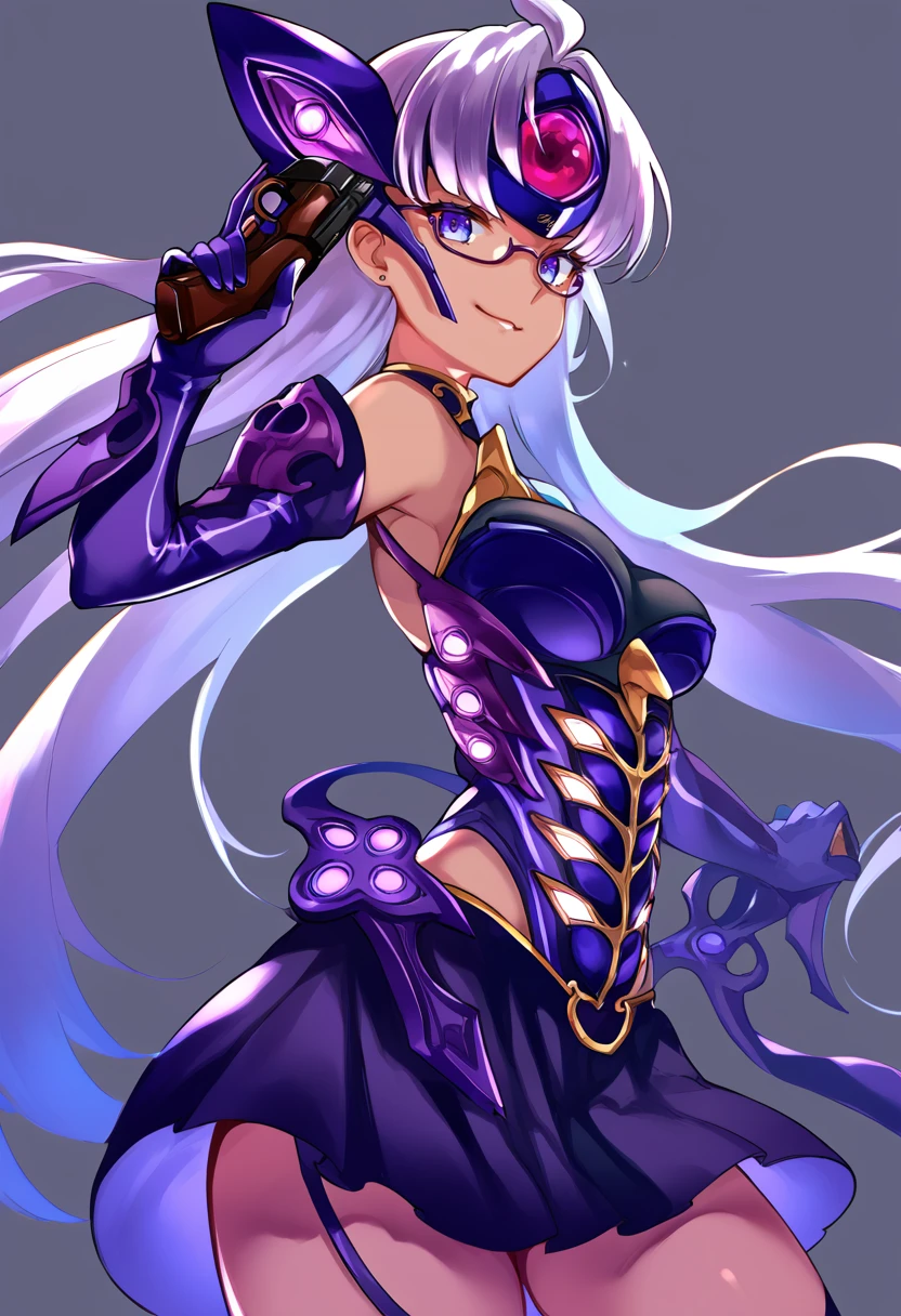 (score_9:0.9),score_8_up,score_7_up,anime style,rating_safe,(zPDXL),<lora:XB2 t-elos re ponyXL v1:0.83>,forehead protector,t-elos re:, purple outfit, 1girl, solo, weapon, looking at viewer, smile, elbow gloves, holding, medium breasts, simple background, holding weapon, holding handgun, handgun