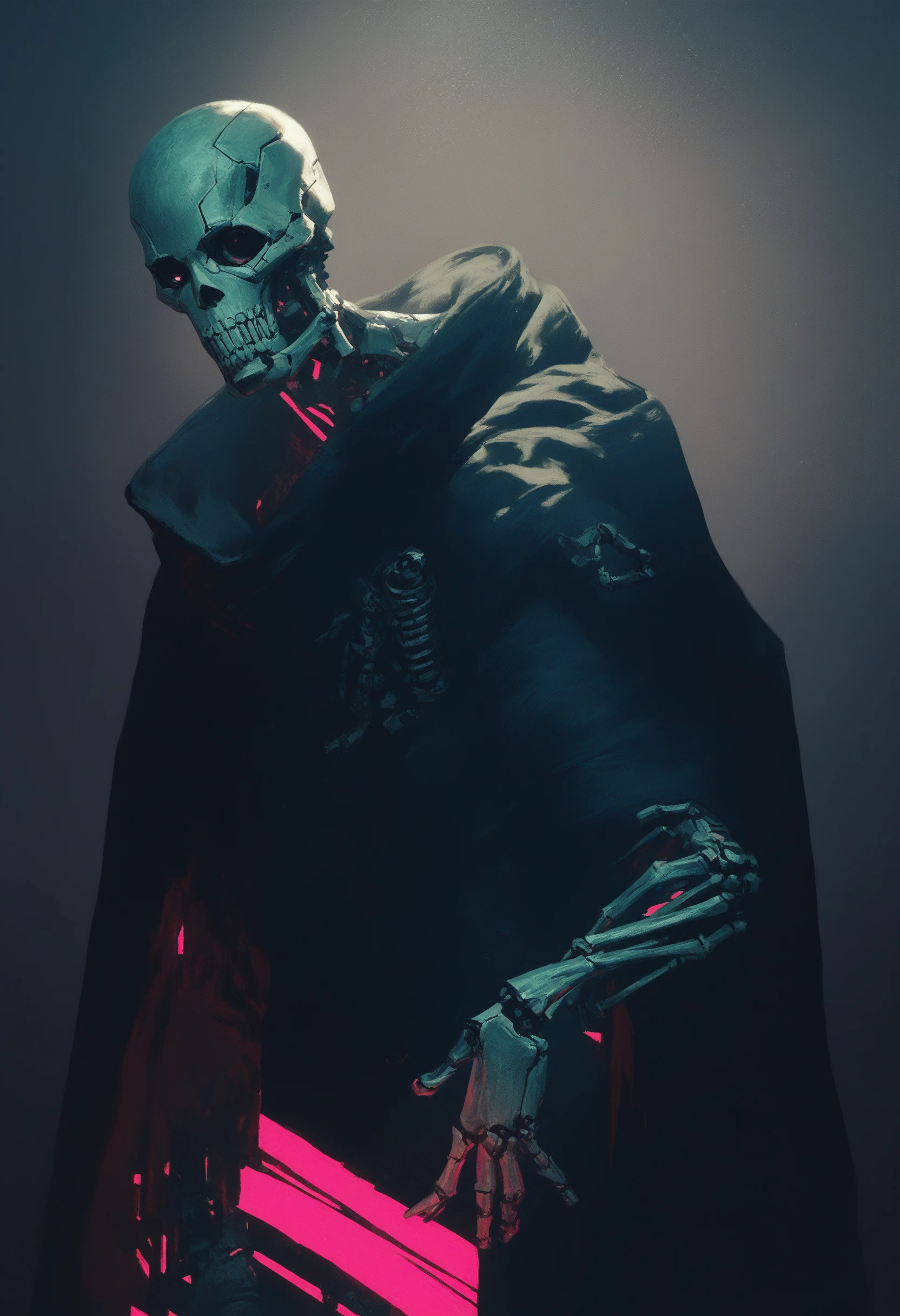 <lora:degenesis_v1:1> dgns, score_9, score_8_up, score_7_up, abstract, metal skeleton, wearing black robe, cyberpunk neon, dark background