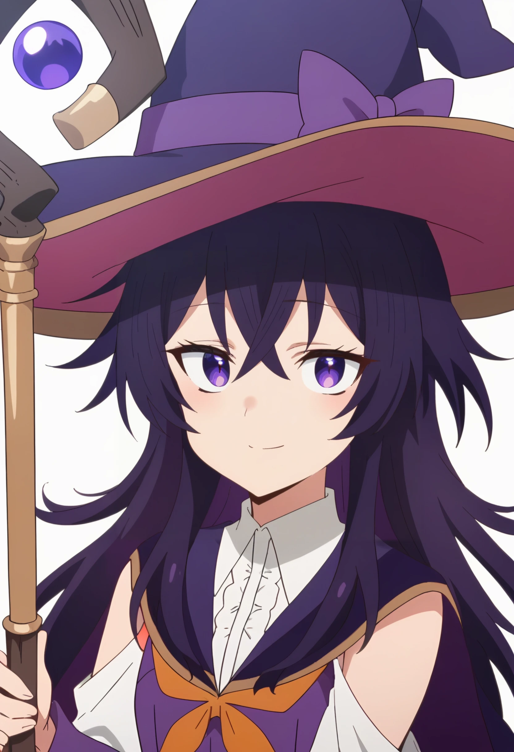 <lora:Belano:0.8> belano, long hair, purple hair, purple eyes, hair between eyes, 1girl, solo, white shirt, long sleeves, purple headwear,detached sleeves, purple cape, hat bow, witch, purple bow, looking at viewer, smile, upper body, staff, score_9, score_8_up, score_7_up, , anime coloring ,BREAK source_anime, anime