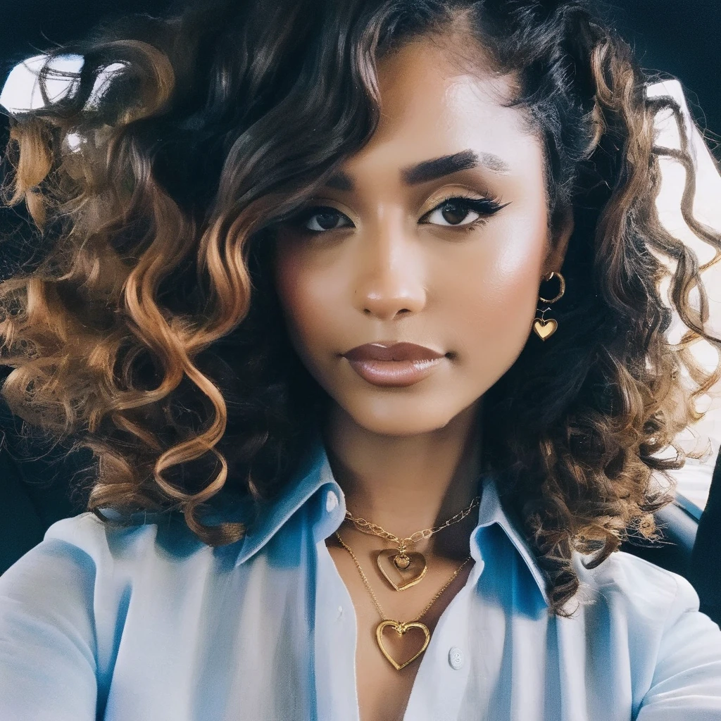 Looking straight at the camera, Film grain, skin texture, Instagram closeup selfie of a woman with beautiful wavy hair wearing a heart necklace,f/1.8,wearing a tutleneck shirt, , tyxla, <lora:tyla_juggerX_xl_1_st_wocap-tyxla-000086:1>