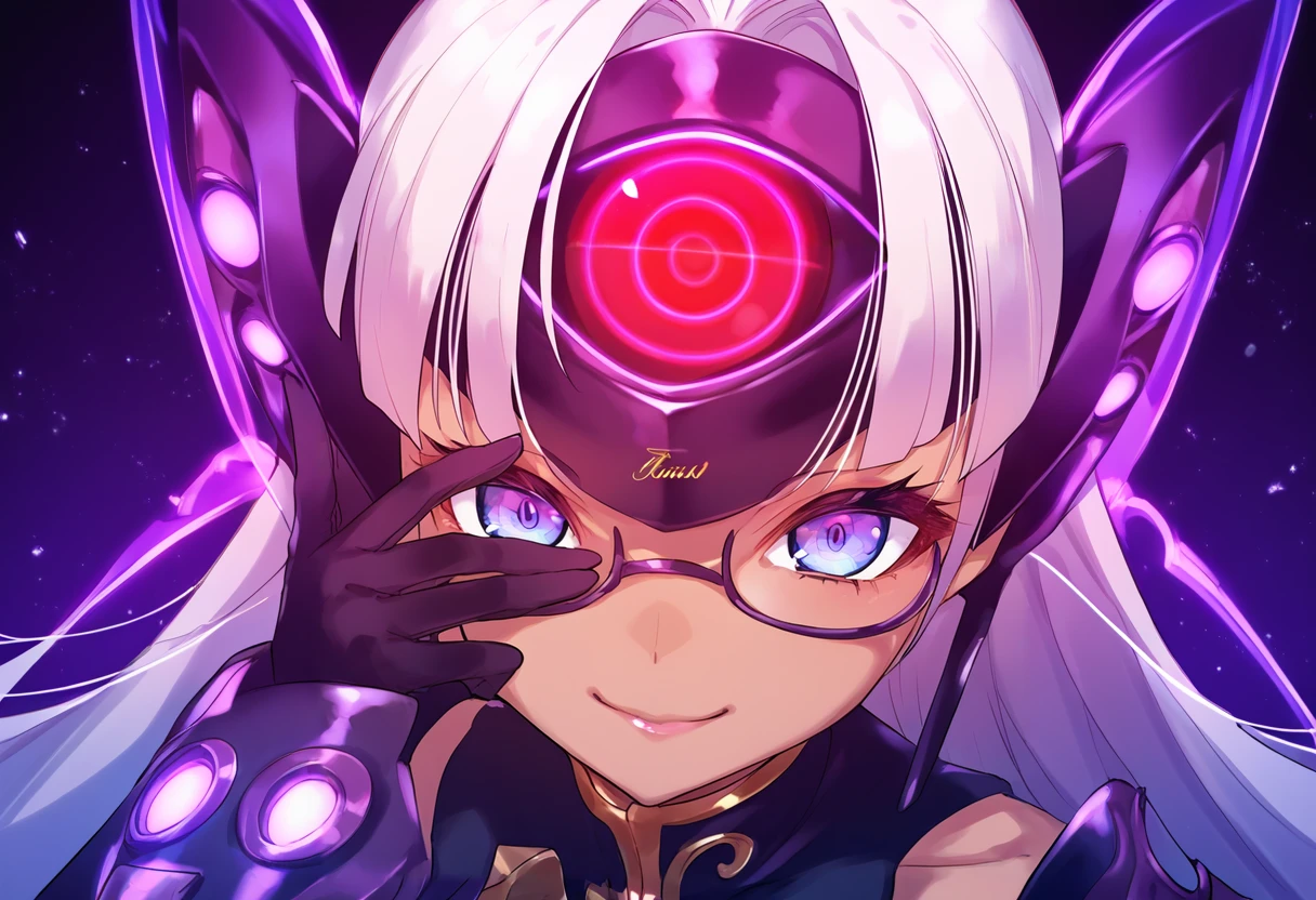 (score_9:0.9),score_8_up,score_7_up,anime style,rating_safe,(zPDXL),<lora:XB2 t-elos re ponyXL v1:0.83>,t-elos re:,purple outfit,forehead protector,1girl,solo,smile,looking at viewer,adjusting eyewear,