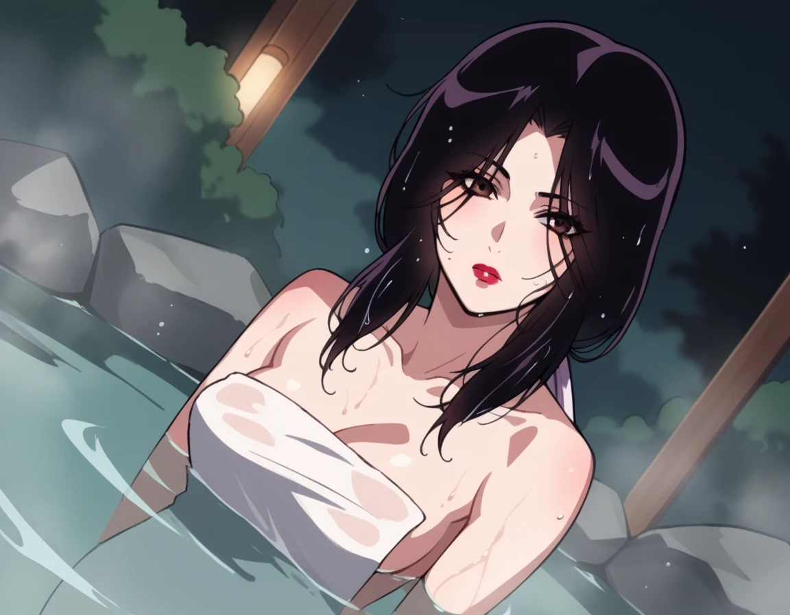 A nude yurei woman swimming in a swamp, full moon, Japanese castle, osaka, sakura trees, neundies style