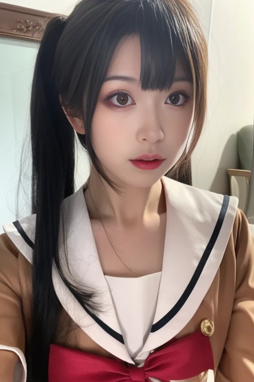 ltra-detailed,highly detailed,best quality,masterpiece,illustration,realistic,photorealistic,
bangdream, 
1girl, solo, cosplay, 
school uniform, serafuku, sailor collar, sailor dress, long sleeves, 
neck ribbon, double-breasted, buttons, 
looking at viewer, upper body, 
 <lora:bangdream_hxc_v1_04:0.8> <lora:shiyuanjiang_0702-07:0.65:FACE>