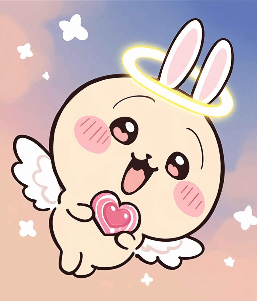 Score_9,score_8_up,score_7_up,source_anime,1girl,solo,bunny,chibi,bunny ears,no humans,furry,:3,screaming,beige,blush stickers,cuteg,cartoonized,cupid,angel halo,angel wings,holding heart,happy,flying,sky,cotton candy,from below,<lora:Role_Usagi_Chiikawa>,