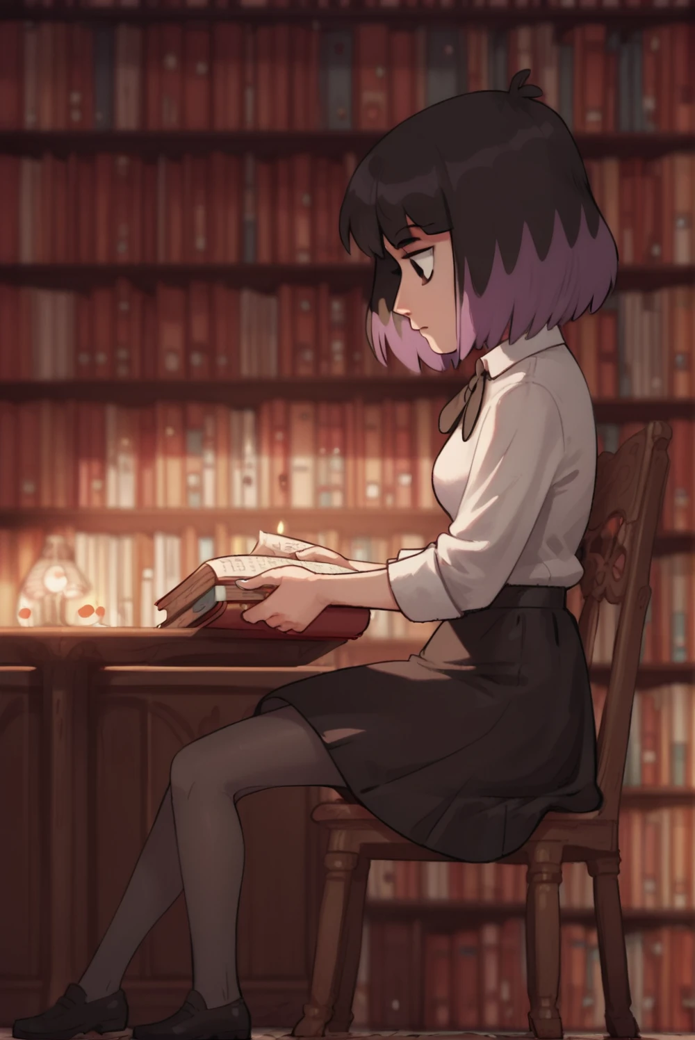 Score_9, Score_8_up, score_7_up, score_6_up, 1girl, solo, 1kaisa1, black hair, black eyes, official style, white shirt, black skirt, pantyhose, Library, reading book, from side, sitting, chair<lora:EMS-385050-EMS:1.000000>