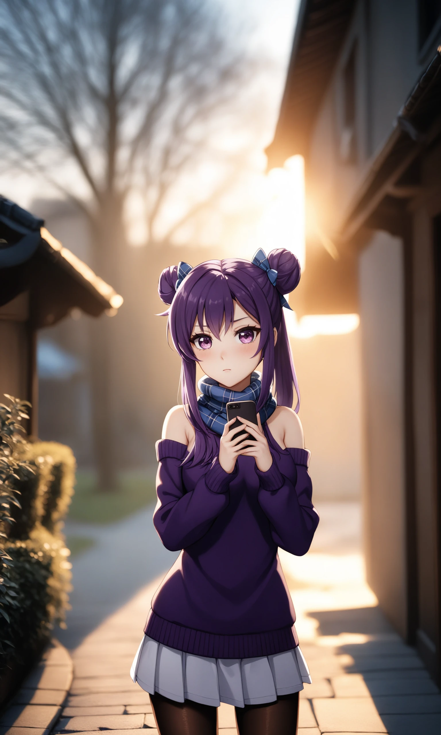 anime,amazing quality,masterpiece,best quality,awesome,inspiring,cinematic composition,soft shadows,Film grain,shallow depth of field,highly detailed,high budget,cinemascope,epic,OverallDetail,color graded cinematic,atmospheric lighting,imperfections,natural,shallow dof,
1girl, sensitive, keqing, genshin impact, solo, long hair, looking at viewer, blush, skirt, long sleeves, holding, bow, bare shoulders, purple eyes, purple hair, hair bow, pantyhose, outdoors, cowboy shot, official alternate costume, hair bun, scarf, sweater, black pantyhose, plaid, double bun, phone, white skirt, cellphone, smartphone, holding phone, cone hair bun, plaid scarf, purple sweater
