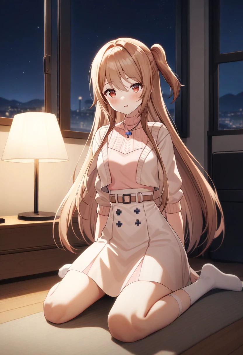 Kaede-outfit2,looking at viewer,
modern room,night,lamp,ceill to floor window,
wariza,<lora:KaedeV3:1>,white socks,no shoes,, cinematic light,masterpiece,best quality,very aesthetic,absurdres,incredibly absurdres,<lora:add_detail:1>,