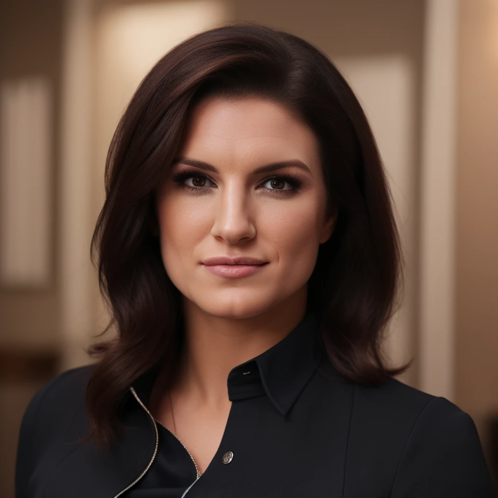 house, peop Best_QualityPos, RAW photo, intricate details, best quality, 8k uhd, soft lighting, 1girl, solo, gina carano, brown eyes, long hair, black hair, black collared shirt <lora:Gina_Carano:0.7>