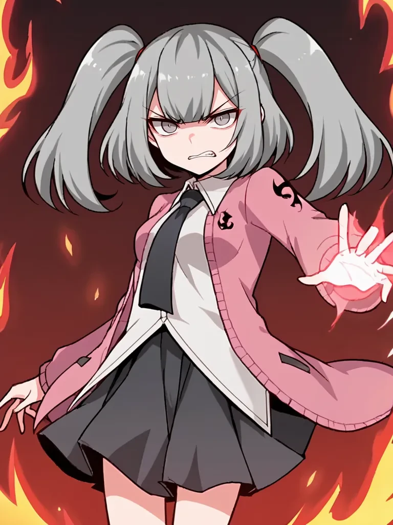 score_9, score_8_up, score_7_up, source_anime, 2D, flat colors, flat shadows, anime_screencap, <lora:marygolandpony:1>,
1girl, solo, meirisenhime, grey hair, twintails, grey eyes, pink cardigan, white shirty, black necktie, black skirt, school uniform,  standing, serious, underworld, hell, flames, aura, dark aura, magic, dynamic pose, clenching teeth