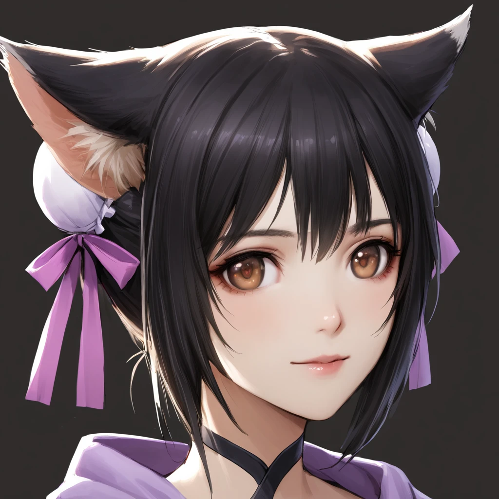 semi-realistic, 1girl, portrait <lora:LinXiaomeiXL:1> LinXiaomei, catgirl, animal ears, brown eyes, black hair, short hair, double bun, hair ribbons