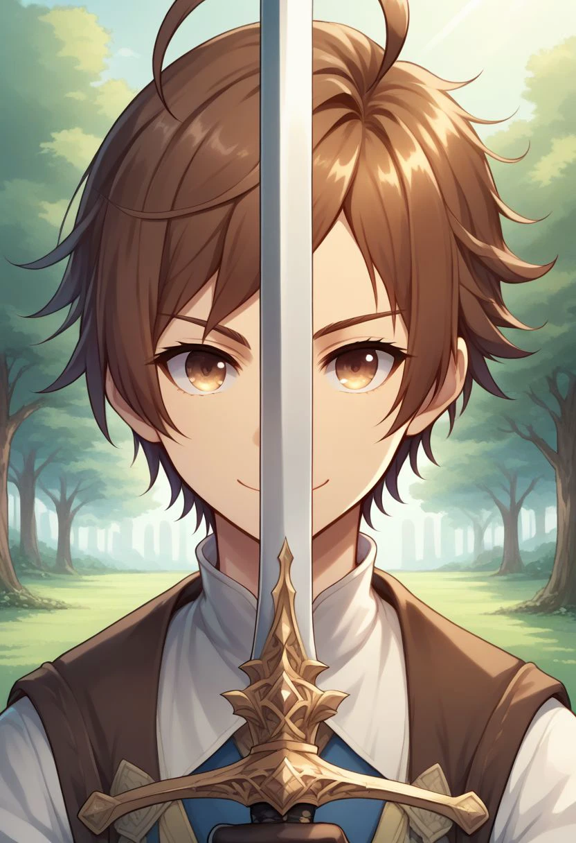 sscore_9, score_8_up, source_anime, highly detailed, 1boy, solo, skinny,
yew, 1boy, brown hair, male focus, vest, gloves, ahoge, smile, happy, closed mouth, 
swordup, looking at viewer, close-up, long sword,
outdoor,