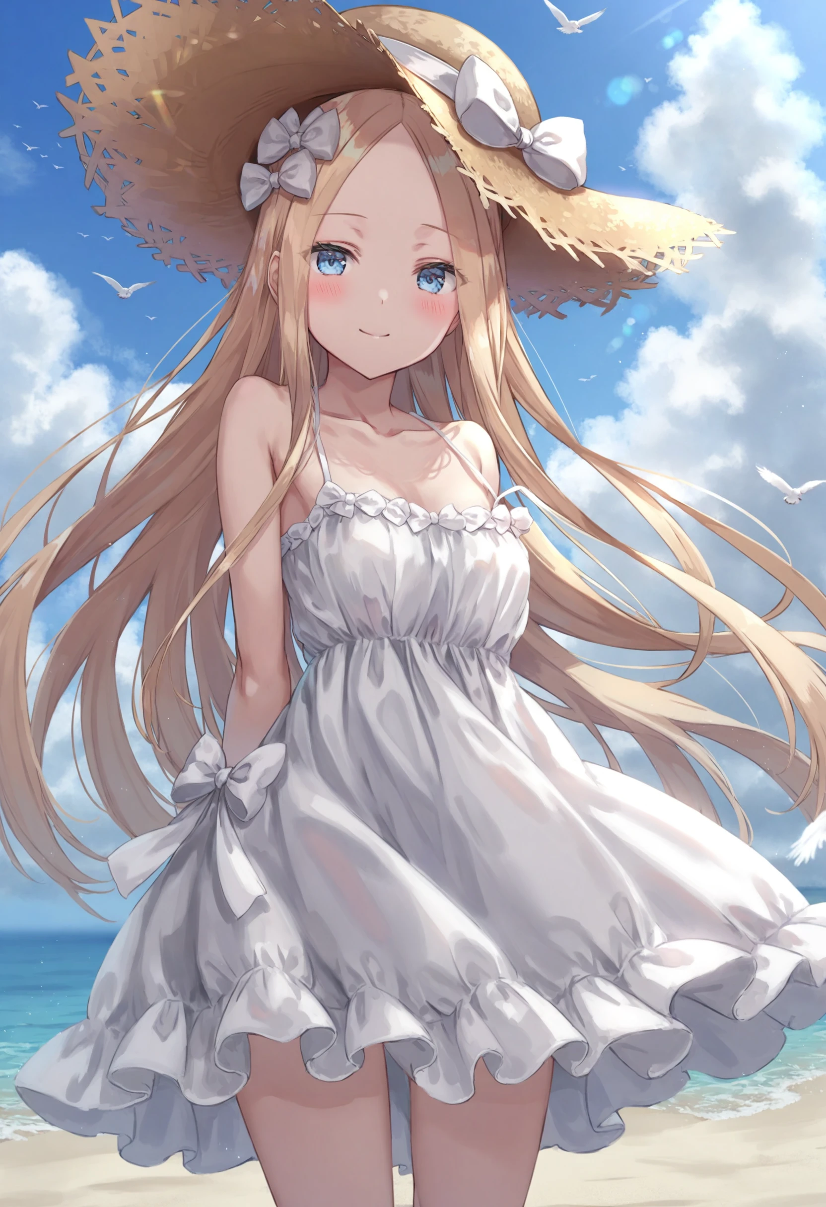 masterpiece, best quality,
1girl, abigail williams \(fate\),
solo, long hair, blonde hair, blue eyes, dress, looking at viewer, blush, bare shoulders, sky, forehead, white dress, bow, hair bow, parted bangs, white bow, blue sky, arms behind back, closed mouth, day, very long hair, cloud, breasts, collarbone, small breasts, hat, cleavage, ribbon-trimmed dress, sundress, outdoors, smile, spaghetti strap, alternate costume, sun hat, thighs, sidelocks, straw hat, bird