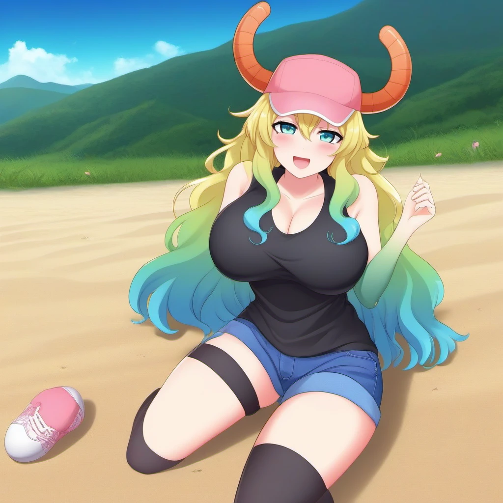 anime artwork a full body woman, massive breast, cleavage, black top, heterochromia, long gradient hair, thighhighs, orange horns through pink baseball cap, jeans shorts, red cheeks, view from top, beach  background  <lora:Lucoa1024:0.8> . anime style, key visual, vibrant, studio anime,  highly detailed