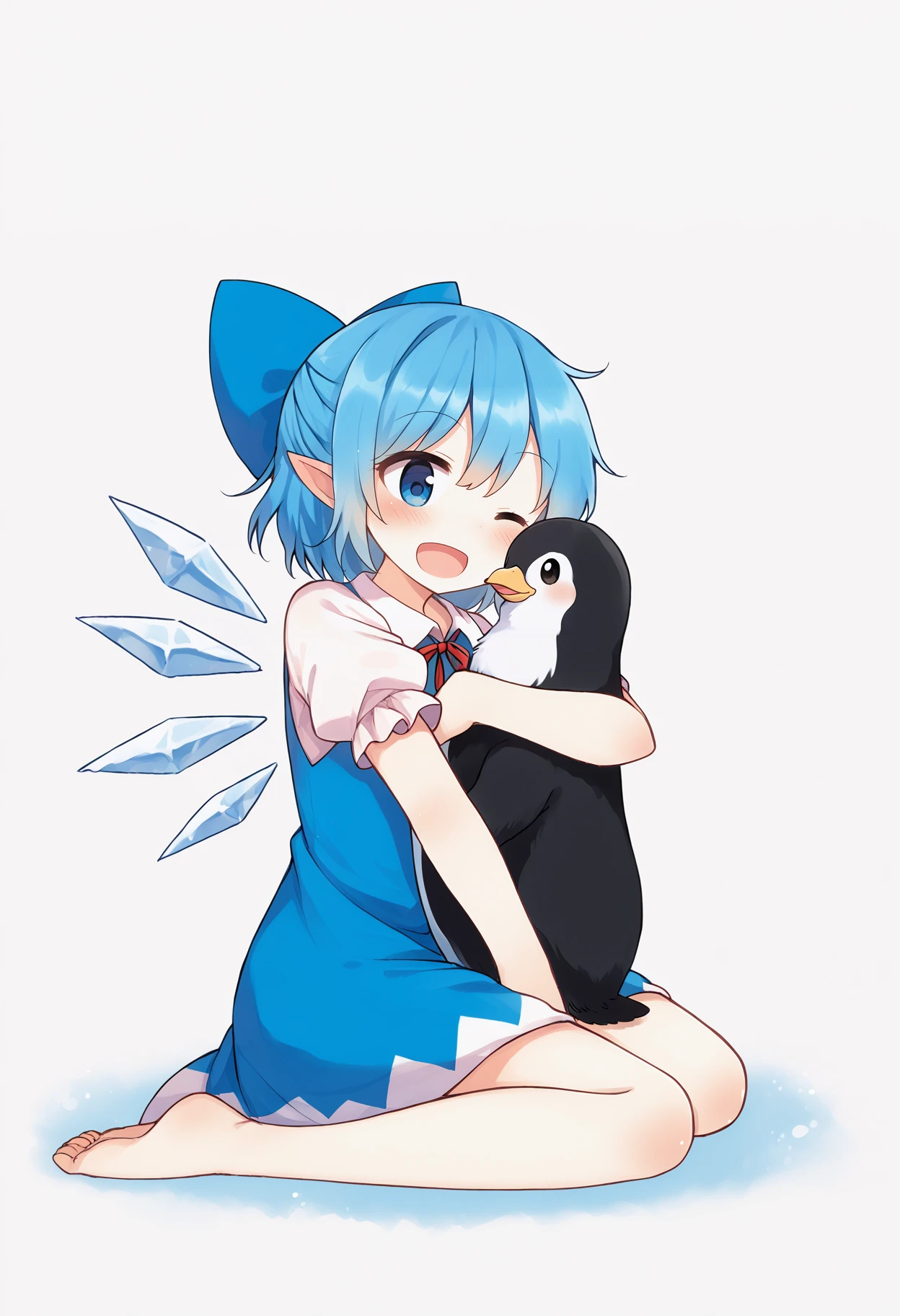 score_9, uncensored, source_anime <lora:shnva_pony_v1:1>
cirno, 1girl, solo, blush, smile, open mouth, short hair, blue eyes, simple background, shirt, white background, dress, bow, blue hair, full body, short sleeves, hair bow, wings, one eye closed, barefoot, pointy ears, puffy sleeves, puffy short sleeves, bare legs, kneeling, hug, blue dress, blue bow, bird, animal, ;d, ice, ice wings, large penguin
<lora:Touhou_pony:1>