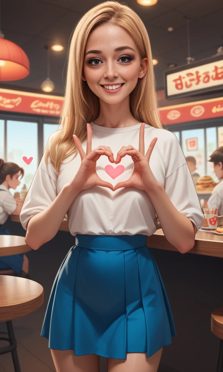 score_9, score_8_up, score_7_up, score_6_up, score_5_up, score_4_up,  slim girl in a fast food restaurant  ,  fiheartcl,  making heart with hands, blue short skirt and white blouse   , blond long straight hair    <lora:FingerHeartPony:.8>