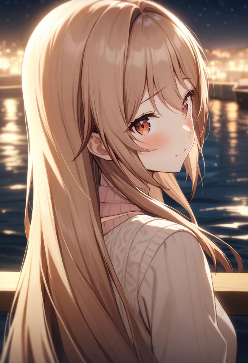 Kaede-outfit2,shy,blush,sideways glance,looking at viewer,
harbor,seaside,night,star \(sky\),
<lora:KaedeV3:1>,
upperbody,from back,, cinematic light,masterpiece,best quality,very aesthetic,absurdres,incredibly absurdres,<lora:add_detail:1>,