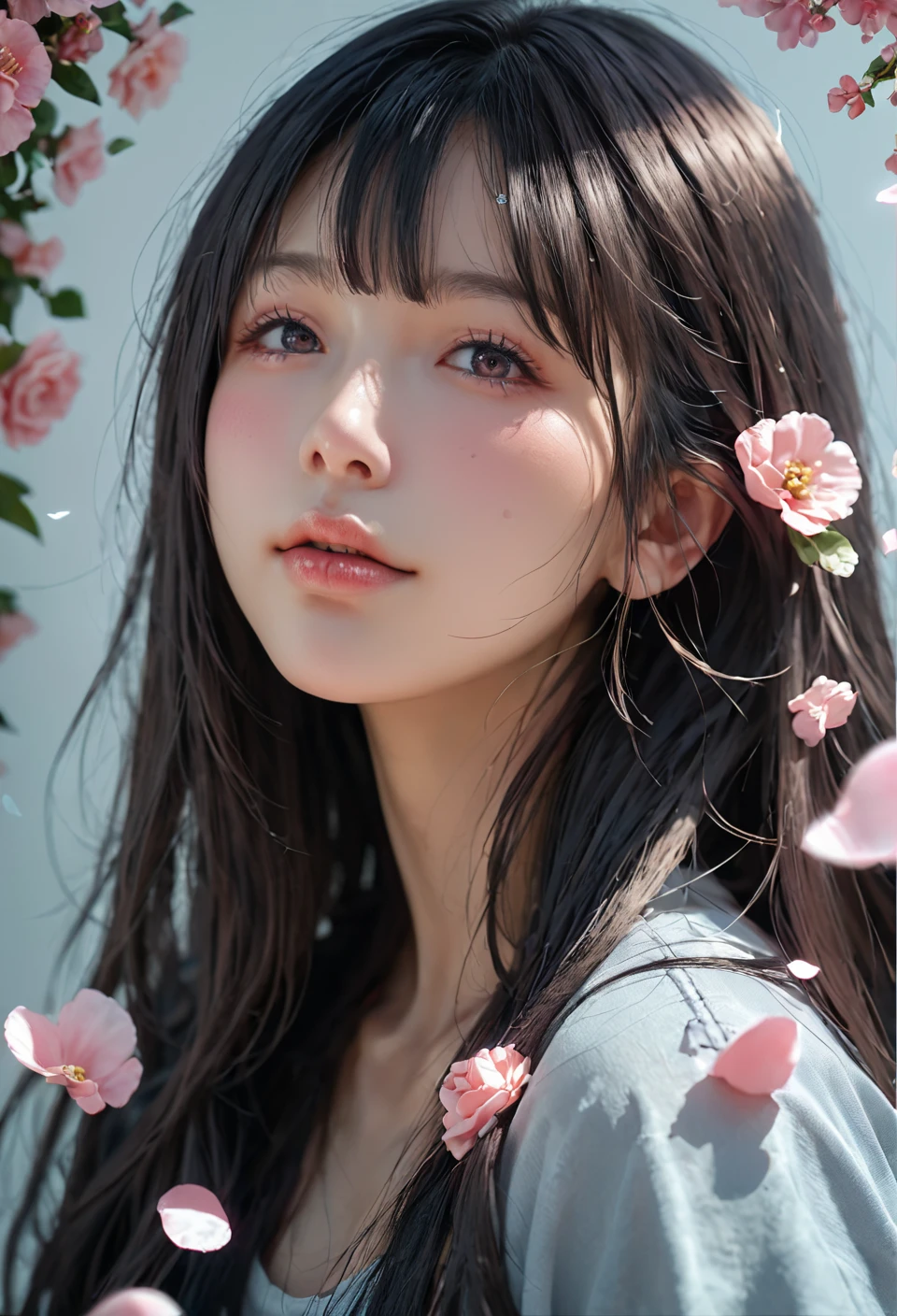 score_9, score_8_up, score_7_up, Girl's profile picture, black long hair with bangs, light blue petals on cheeks, realistic skin texture, detailed picture, close-up, HD32k
