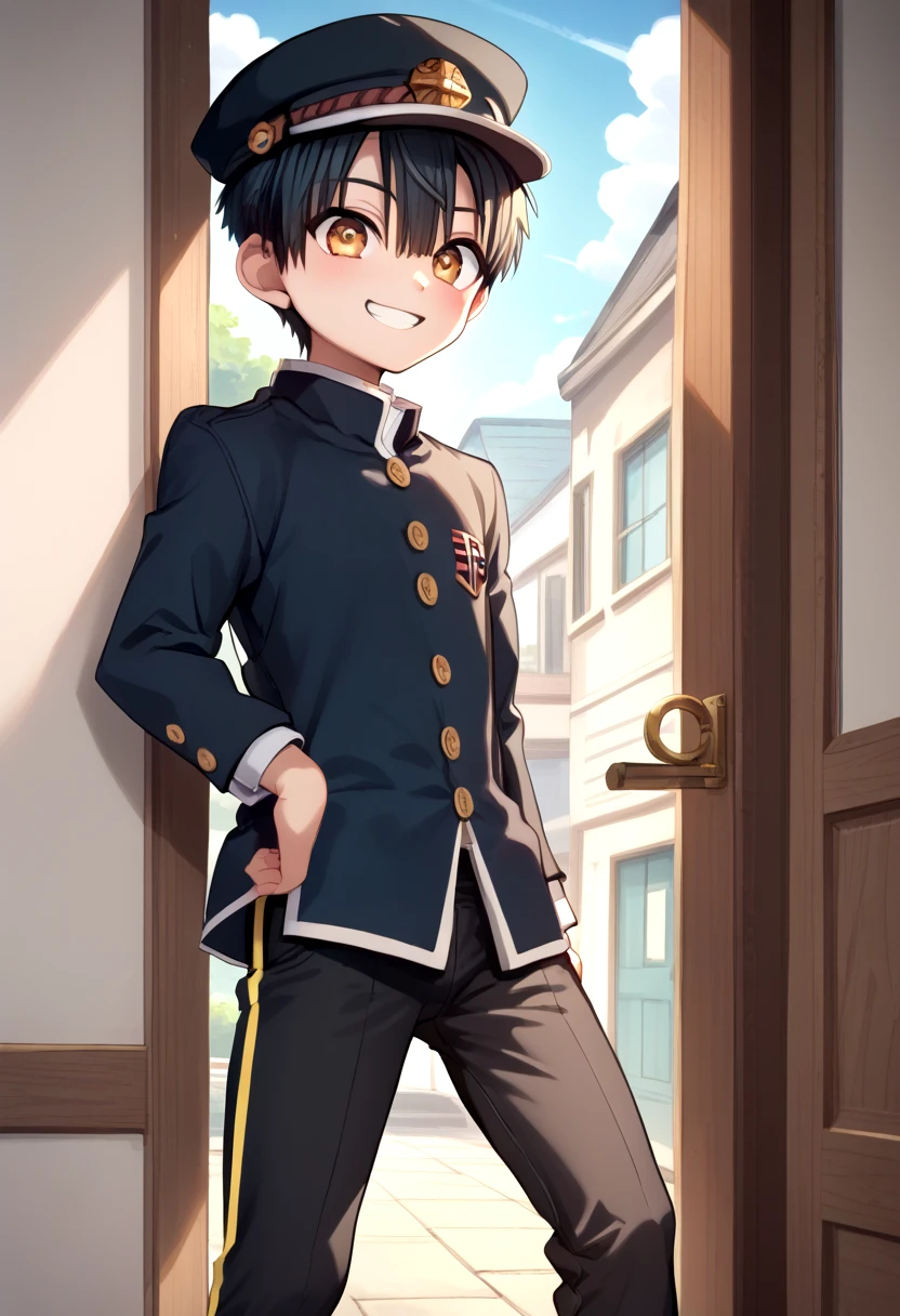 score_9, score_8_up, score_7_up, detailed eyes, BREAK
straight on shot, standing,
<lora:hanako-000025:0.8>,yugi_amane, amber eyes, petite, aged down, child,
one boy standing in a hallway. (black gakuran:1.3), (black jacket:1.2),
His hair is black his eyes are amber color. close up
He is wearing a (black school uniform:1.2) and a (black paked cap:1.2). ,
, wide grin, black clothes
