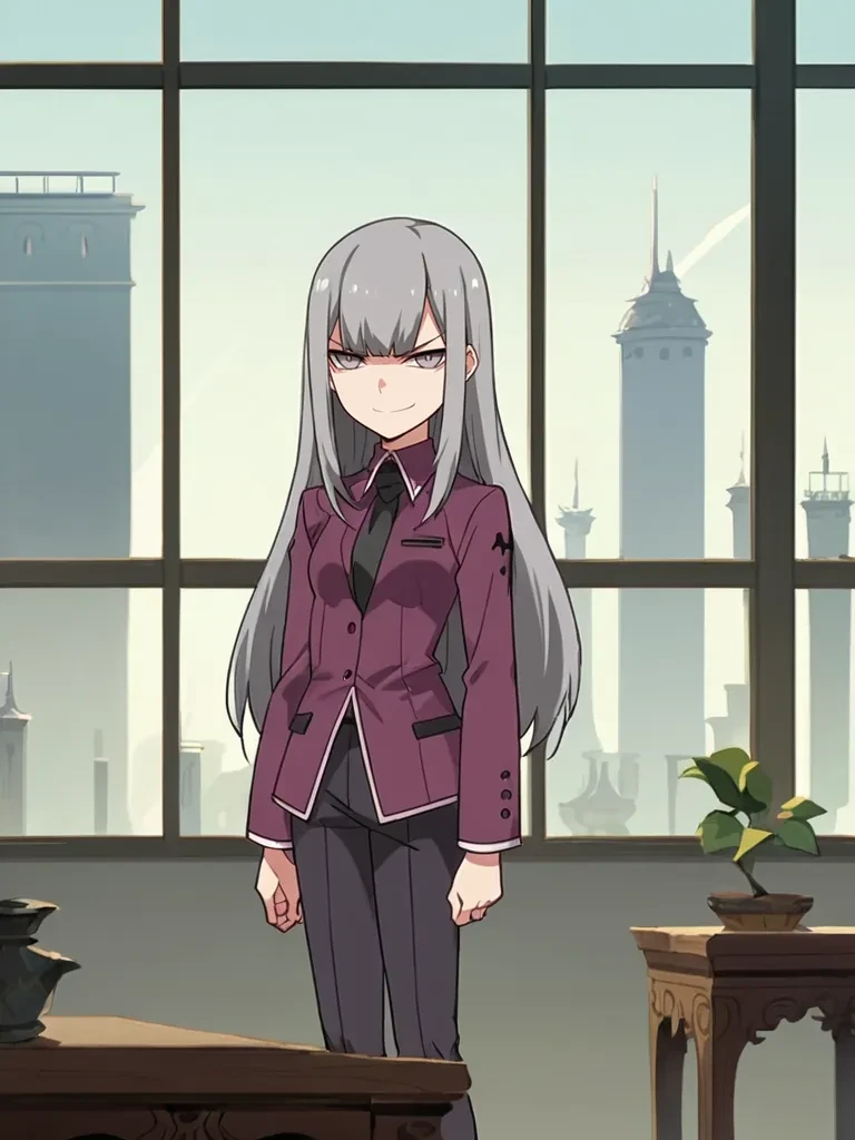 score_9, score_8_up, score_7_up, source_anime, 2D, flat colors, flat shadows, anime_screencap, <lora:marygolandpony:1>,
1girl, meirisenhime, grey hair, long hair, hair down, grey eyes, purple business suit, standing, table, smirk, indoors, window, cityscape