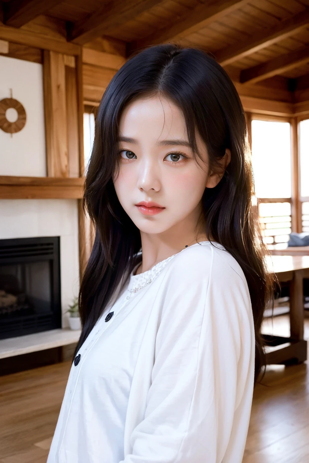 masterpiece,best quality,realisic skin details,portrait,upper body,cute girl,looking to the viewer,asian,pale skin,beautiful,living room,looking at viewer,wooden house,white outfit,jisoo,<lora:Jisoo-01:0.9>,