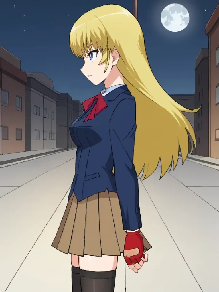 score_9, score_8_up, score_7_up, source_anime, 2D, flat colors, flat shadows, anime_screencap, <lora:ryusenkarenpony:1>,
1girl, solo, ryusenkaren, medium breasts, blonde hair, long hair, blue eyes, blue shirt, blazer, long sleeves, red fingerless gloves, neck ribbon, school uniform, brown skirt, black thighhighs, standing, from side, outdoors, night, moon,cityscape, parted lips, looking up, cowboy shot