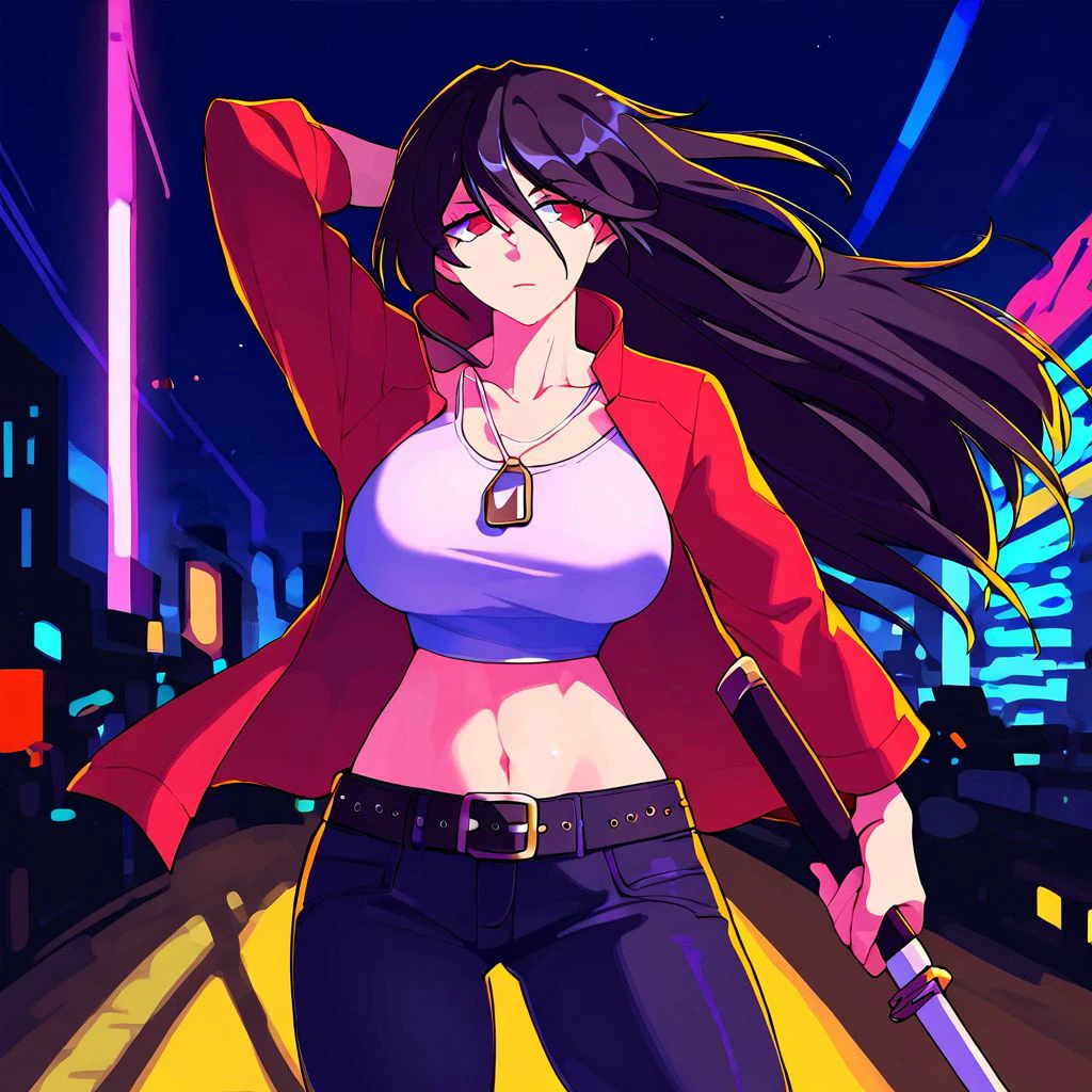 score_9, score_8_up, score_7_up, 
BREAK 
Nsfw, source_anime, best quality, masterpiece,
1girl, solo, redhag, long hair, black hair, hair between eyes, red eyes, red jacket, midriff, jeans, belt, navel, shirt, large breasts, dog tags, standing, (holding weapon), (katana),
Expressiveh, outdoors, cyberpunk, neon light, city, night,