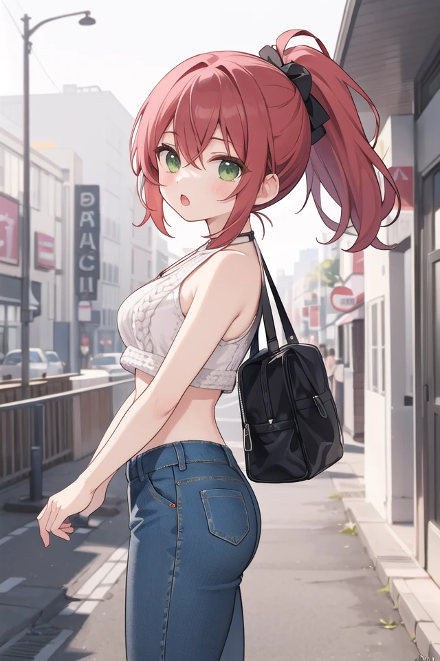 <lora:chestnutmouth_v100:1>
insanely detailed, absurdres, ultra-highres, ultra-detailed, best quality,
1girl, solo, nice hands, perfect hands
BREAK
(white theme:1.4), (white crochet knit crop top:1.4), (halter neck:1.3), ((sleeveless, bare shoulders, bare arms):1.3), (white pumps with heels:1.1)
BREAK
(denim palazzo pants:1.3), (ankle:1.3), (See-through:-1.5)
BREAK
(nsfw:-1.5)
BREAK
expressionless, open mouth
BREAK
from side,
standing, cowboy shot, looking at viewer
BREAK
slender, kawaii, perfect symmetrical face, ultra cute girl, ultra cute face, ultra detailed eyes, ultra detailed hair, ultra cute, ultra beautiful
BREAK
in street, cityscape in shibuya, depth of field, ultra detailed background
BREAK
medium large breasts
BREAK
red hair, green eyes, ponytail, hair between eyes