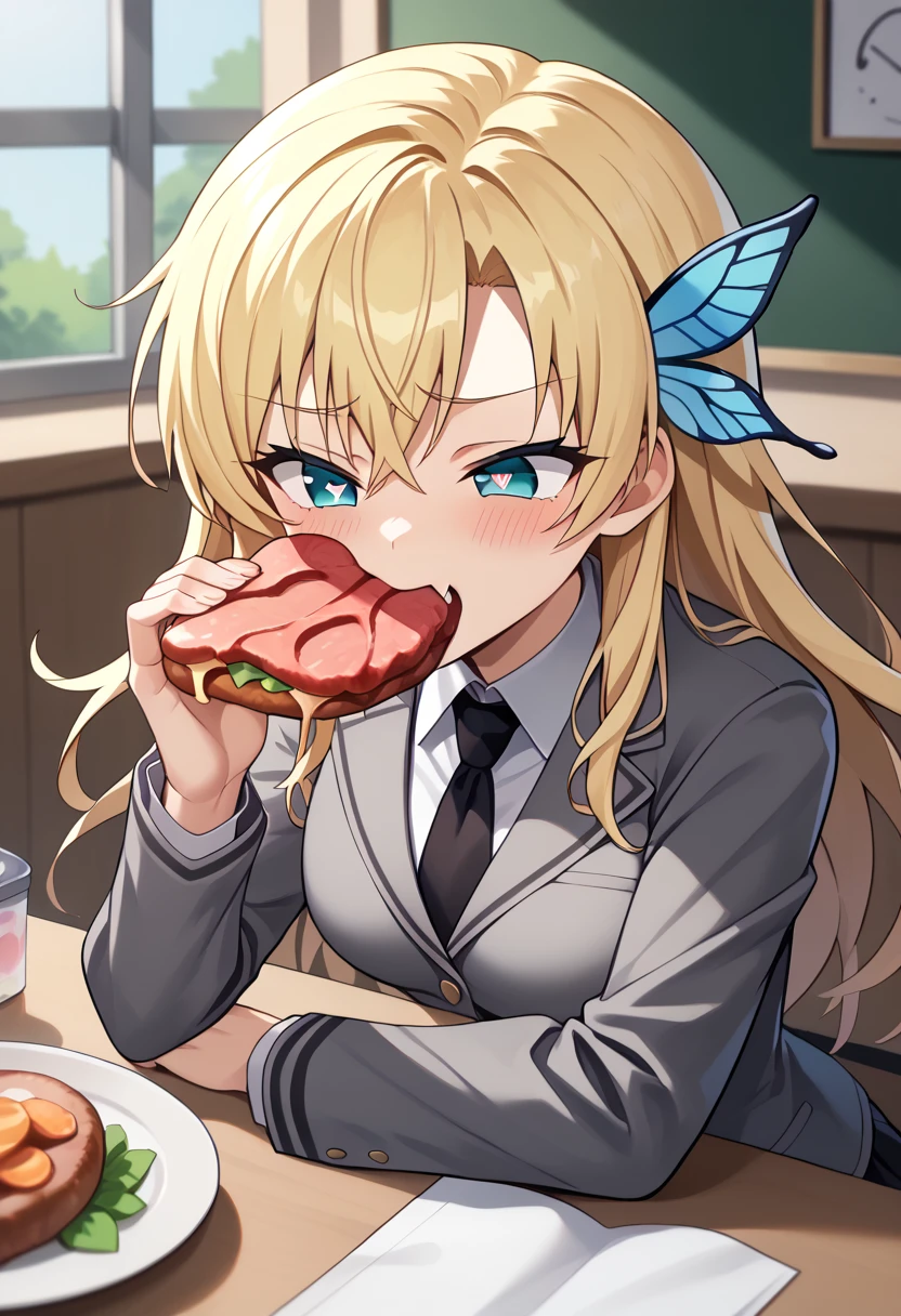 score_9, score_8_up, score_7_up, score_6_up,source_anime, BREAK, Sena, 1girl, butterfly hair ornament, blonde hair, aqua eyes, long hair, eating meat, animal bone, holding meat, messy eating, grey blazer, black tie, st. chronica academy school uniform, sitting, indoors, fang, blush, heart-shaped pupils, <lora:SenaKashiwazaki-XL-V3:1>