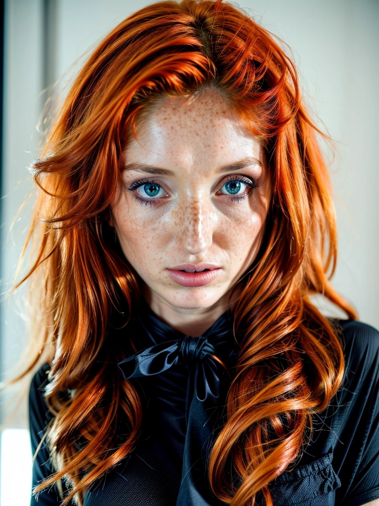 redfox,redhead, female,natural hair,eyes squinted,blue eyes,pale skin,(a beautiful european woman),(relaxed face),upper body view showing her face ,Photograph of (view from front:1),(Deep Focus),silhouette,an analog photo,contrast,spotlight,warm colors,dark background,remarkable color,backlit,(medium breasts:1.2),<lora:more_details:1>, wearing color (shirt and tie:1.2),freckles <lora:Redfox_V1:1> , sexy smirk, close up