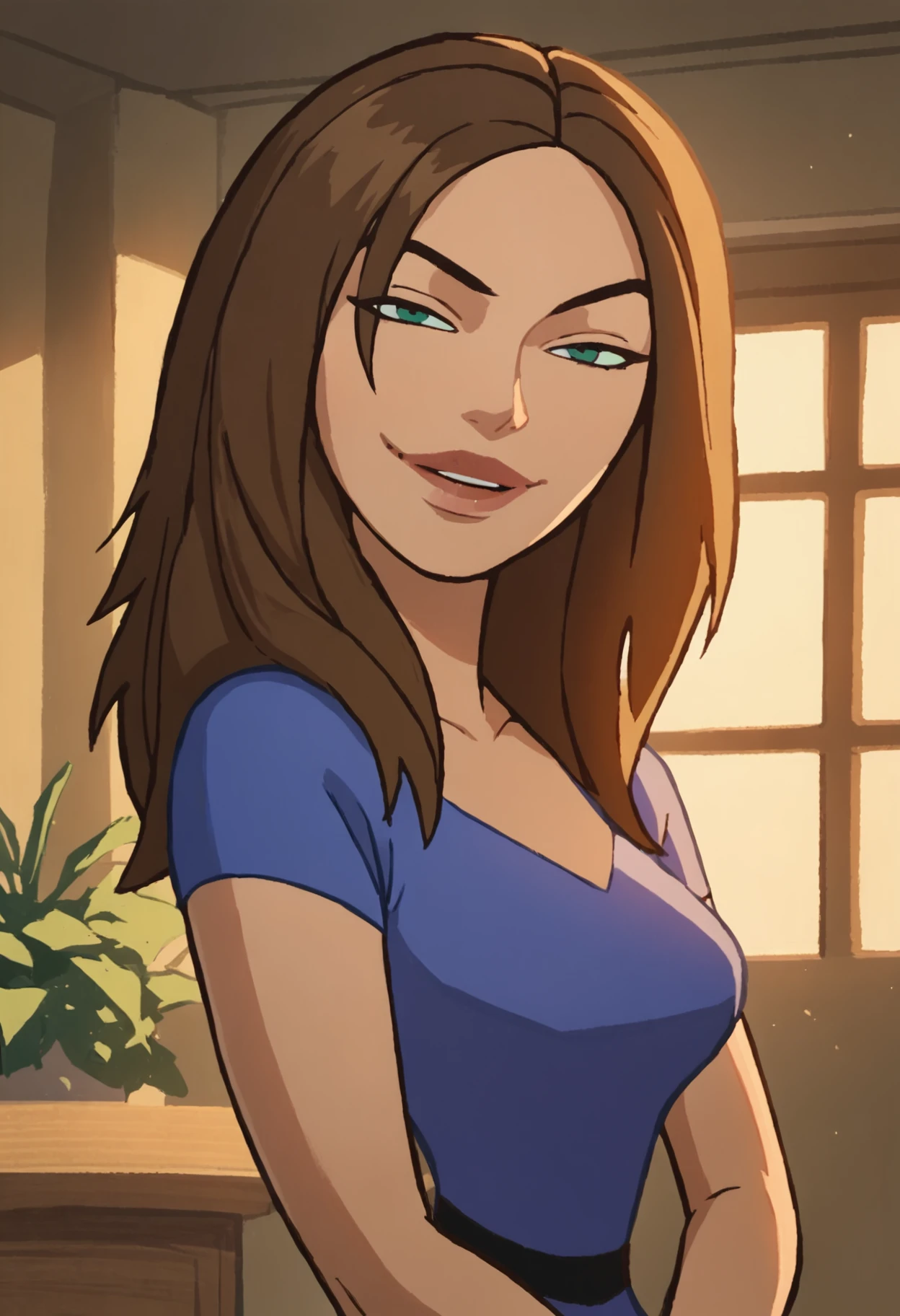 bonnie, 1girl, brown hair, solo, , long hair, green eyes, smile, dress, light smile,indoors, looking at viewer,lips, <lora:BonniePony1.0:1.0>, score_9, score_8_up, score_7_up, score_6_up, score_5_up, score_4_up