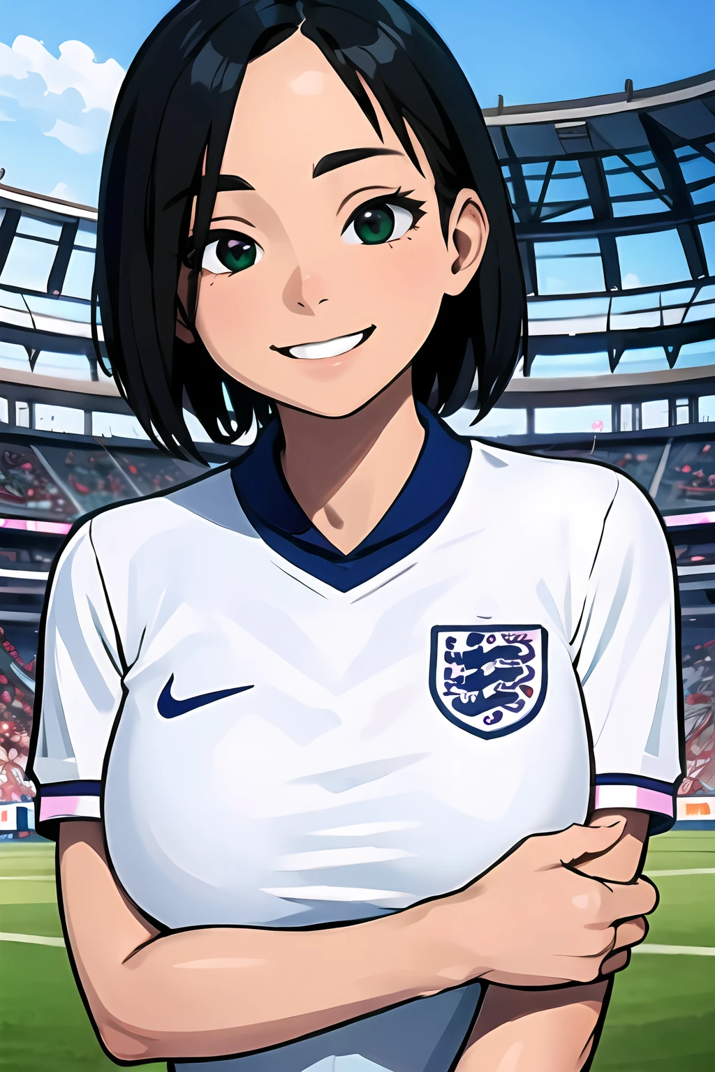 <lora:SC-EN6_Shirt_2024:0.9>, 3n6l4nd, sportswear, soccer uniform, white shirt, (upper body:1.2), 1girl, black hair, short hair, smile, (stadium:1.2), green field, massive breasts, (best quality), (ultra-detailed), (best illustration)