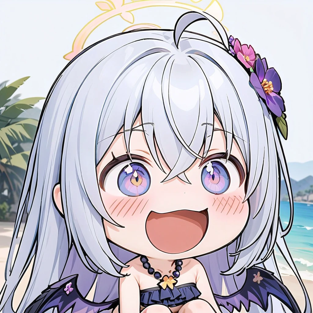 smile, :d, chibi,(masterpiece),(best quality),1girl, solo, hair ornament, azusa (blue archive), swimsuit, hair flower, bikini, long hair, flower, necklace, jewelry, frilled bikini, looking at viewer, frills, hair between eyes, blush, open mouth, purple eyes, smile, wings, halo, bow, bead necklace, strapless, beads, ahoge, bare shoulders, strapless bikini, outdoors, purple flower, official alternate costume, knees up, crossed bangs, white hair