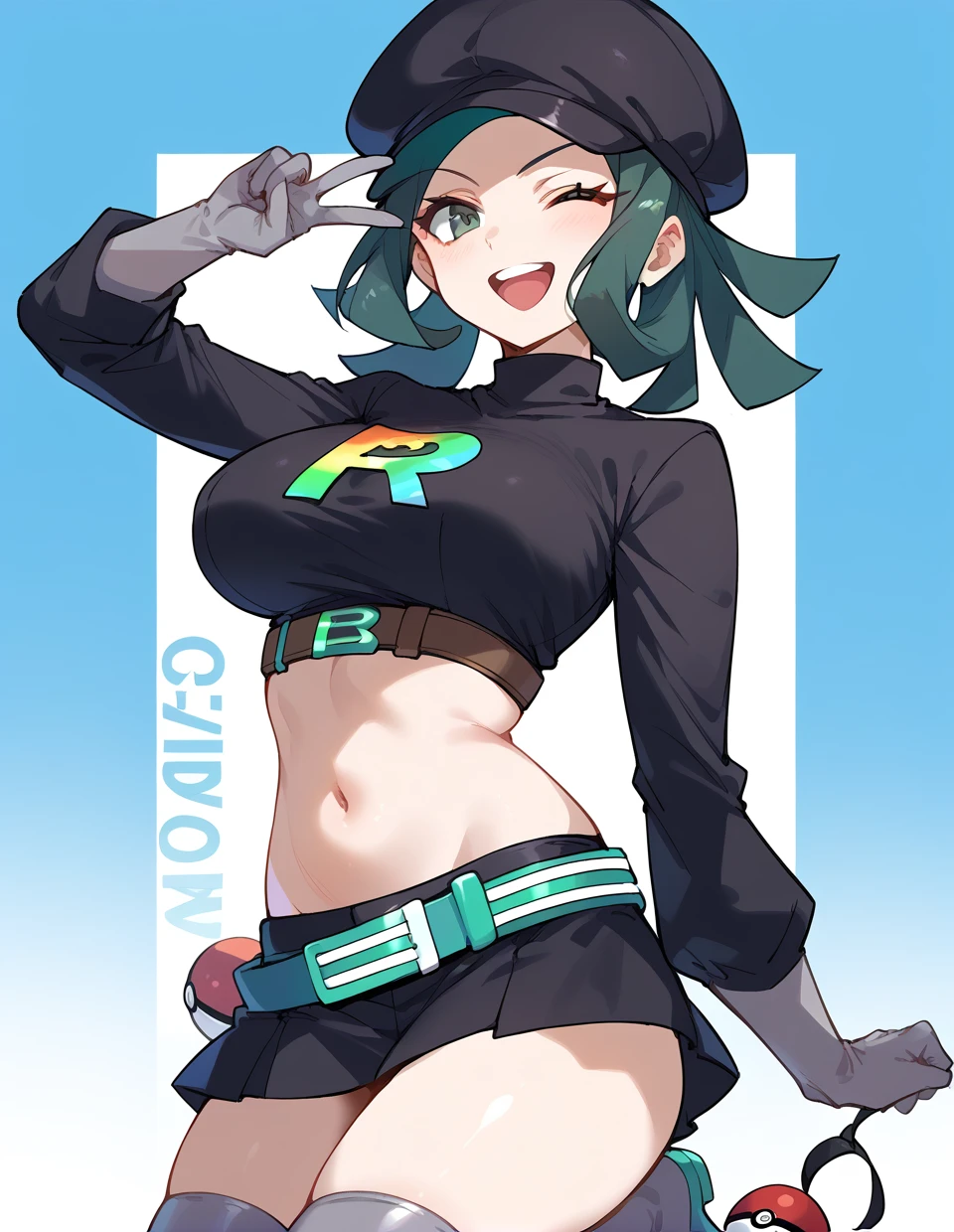 score_9,score_8_up,score_7_up,score_6_up,score_5_up,score_4_up,
1girl,solo,<lora:rainbow rocket grunt_pony:1>,rainbow rocket grunt,gloves,hat,black headwear,cabbie hat,large breasts,long sleeves,skirt,poke ball (basic),medium hair,evil smile,posing,grey legwear,belt,black turtle neck,posing,v sign,wink,