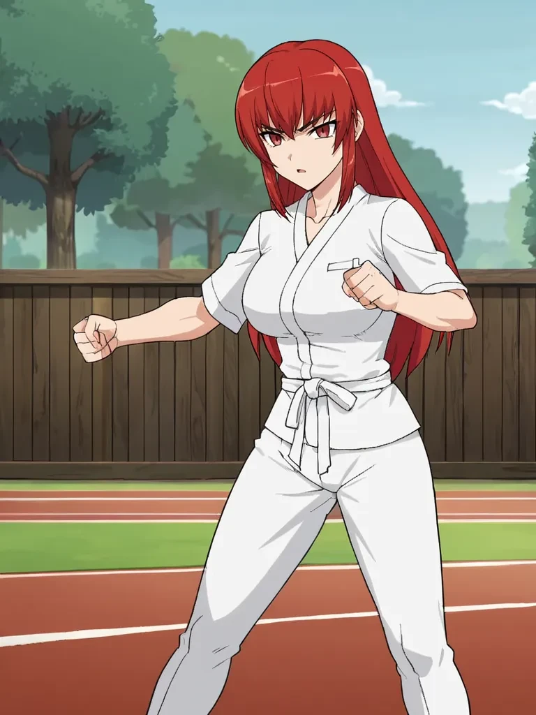 score_9, score_8_up, score_7_up, source_anime, 2D, flat colors, flat shadows, anime_screencap, <lora:satsukirindopony:1>,
1girl, solo, satsukirindo, large breasts, red hair, long hair, hair down, red eyes, white gi, karate gi, black gi, outdoors, training field, fists, punch, open mouth, parted lips, serious, fight stance