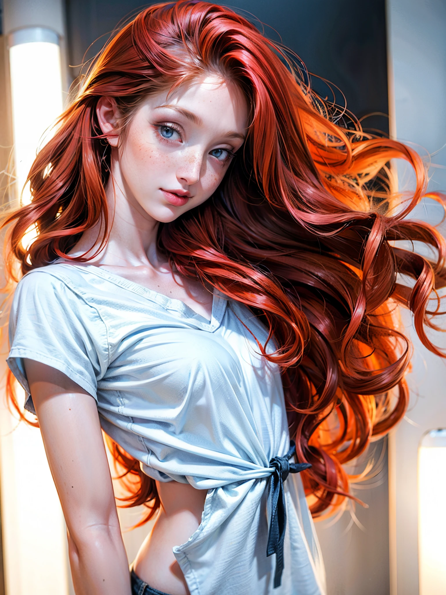 redfox,redhead, female,natural hair,eyes squinted,blue eyes,pale skin,(a beautiful european woman),(relaxed face),upper body view showing her face ,Photograph of (view from front:1),(Deep Focus),silhouette,an analog photo,contrast,spotlight,warm colors,dark background,remarkable color,backlit,(medium breasts:1.2),<lora:more_details:1>, wearing luxury dress,freckles <lora:Redfox_V1:1> , sexy smirk, close up