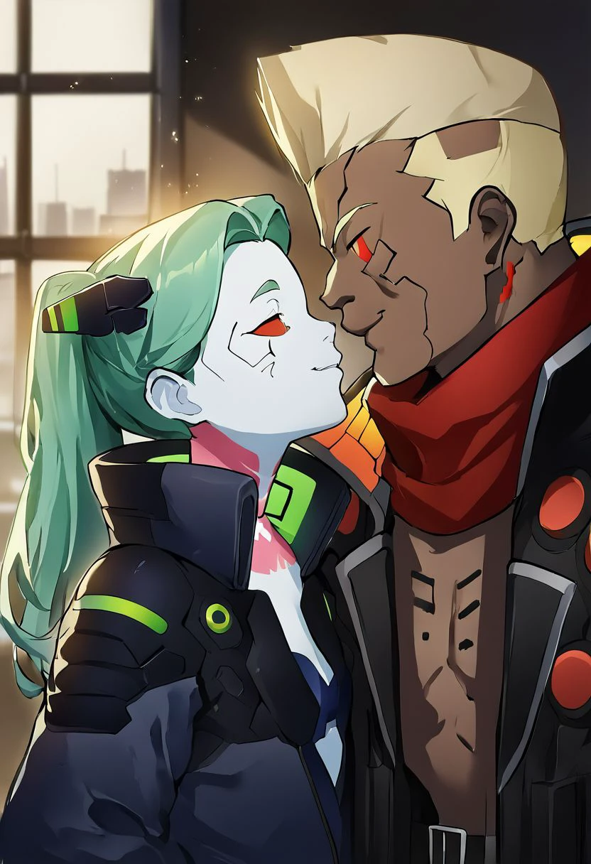 couple portrait,(xmultiplex:1 0),(Xmainex:1.0),(xrebecax:1.0),1boy and 1girl  kisses in futuristic city,score_9, score_8_up, score_7_up, source_anime, rating_safe,