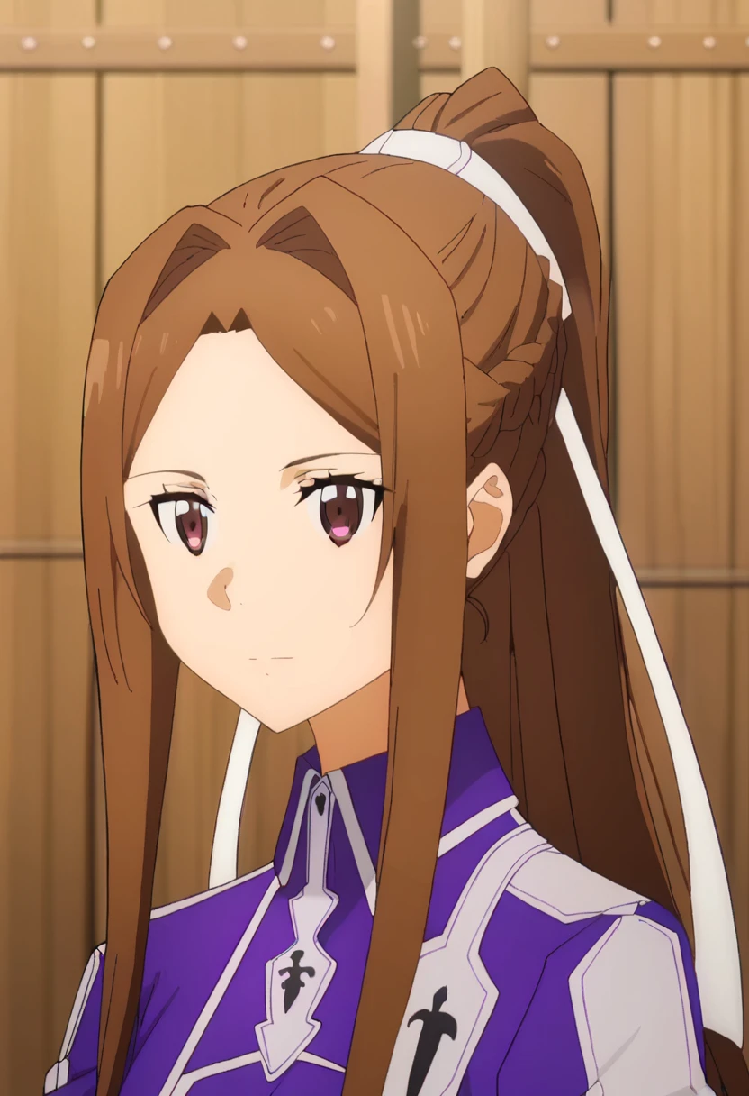score_9, <lora:sortiliena_serlut:1> sortiliena serlut, 1girl, anime coloring, braid, brown hair, long hair, ponytail, ribbon, sidelocks, solo, sortiliena serlut, standing, upper body, white ribbon